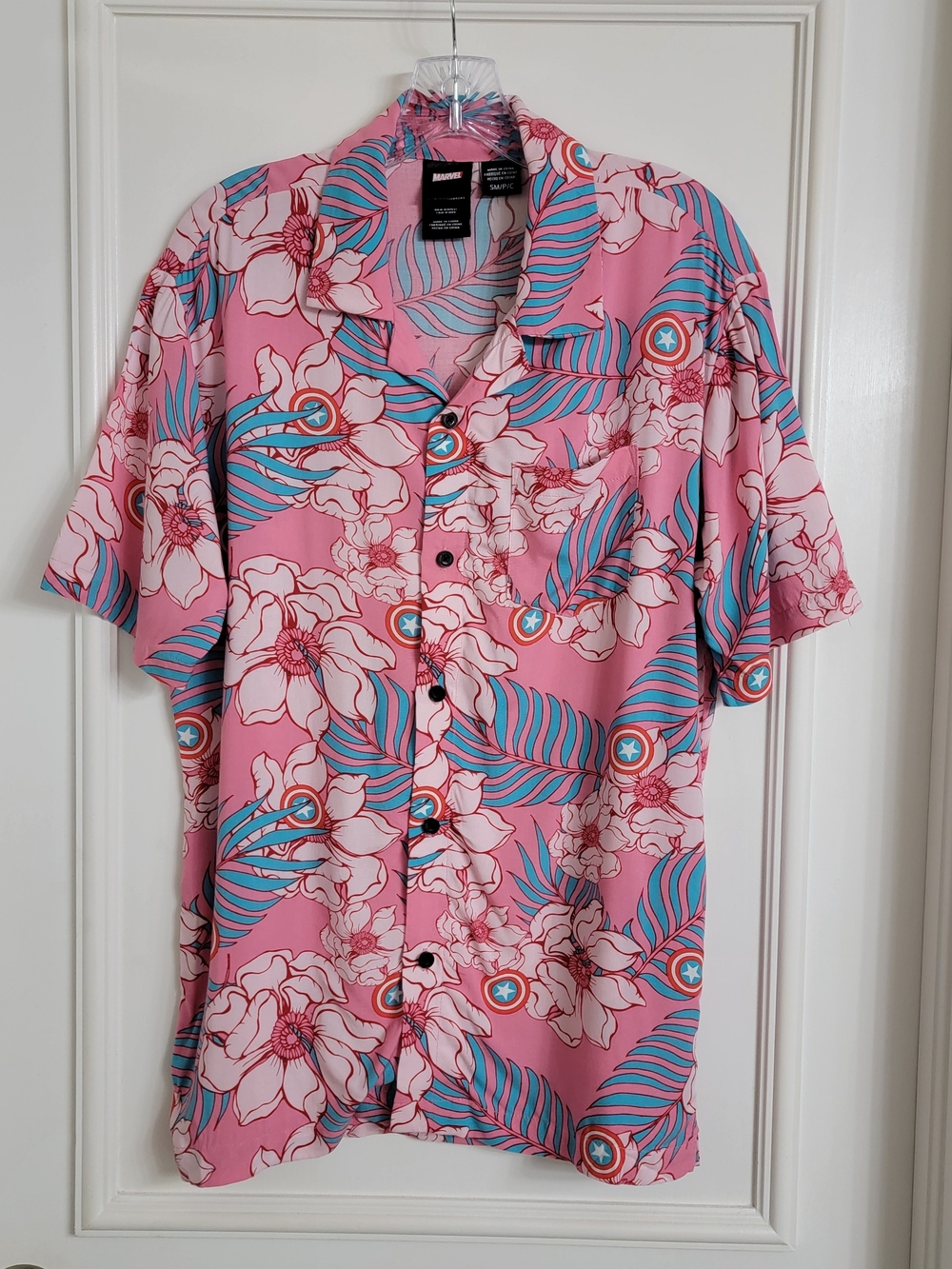 Marvel Captain America Hawaiian Shirt Men Pink Floral Short Sleeve Button Up SM